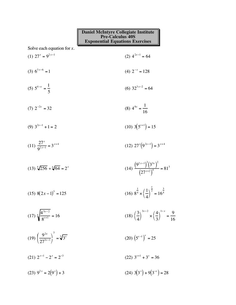 Pre-Cal 40S (Fall '06): Exponential Equations Homework